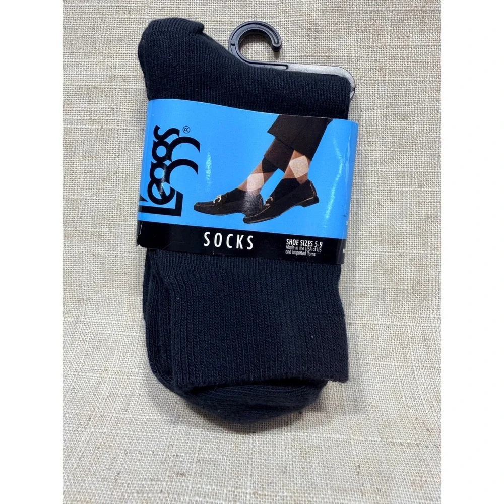 Leggs Women's Anklet Socks Black Cotton Blend Shoe Sz 5-9 Made in USA Vintage